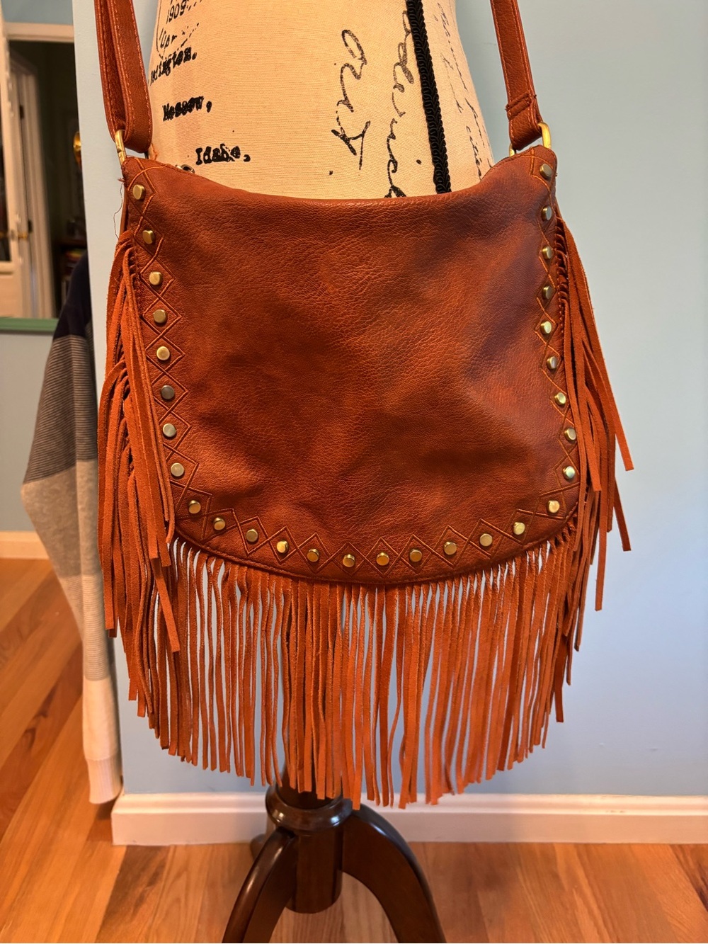 Fringed Crossbody Bag in Cognac Brown with Stud Accents